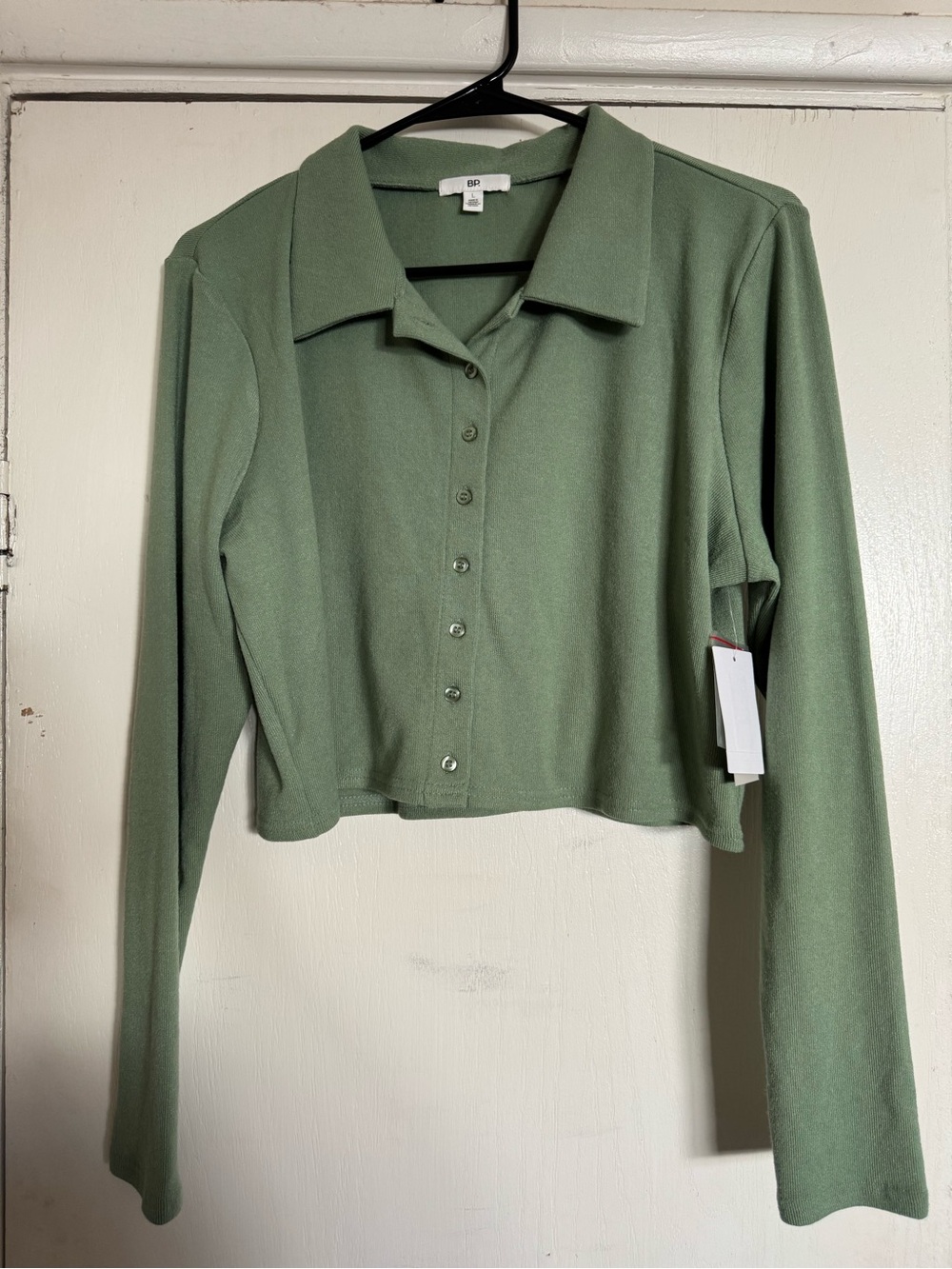 bp Sage Green Cropped Button-Down Long Sleeve Top